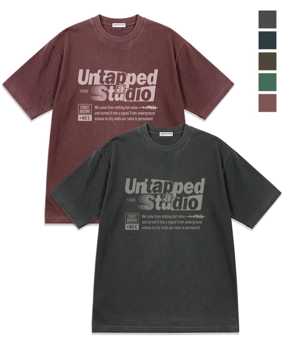 언탭트 스튜디오(UNTAPPED STUDIO) 레트로 레터링 그래픽 피그먼트 오버핏 반팔 티셔츠 5COLOR