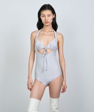 SHIRRING TOP LAYERED SWIMSUIT LIGHT GRAY