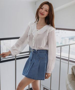 프릴 리본 핀턱 소매 블라우스