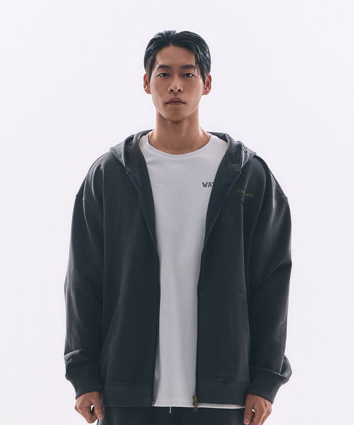 웨이든(WAYDN) [ALI] THE GREATEST 피그먼트 오버핏 후드집업 차콜