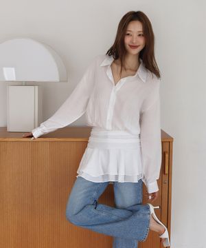 스모크 밴딩 플레어 셔츠 원피스