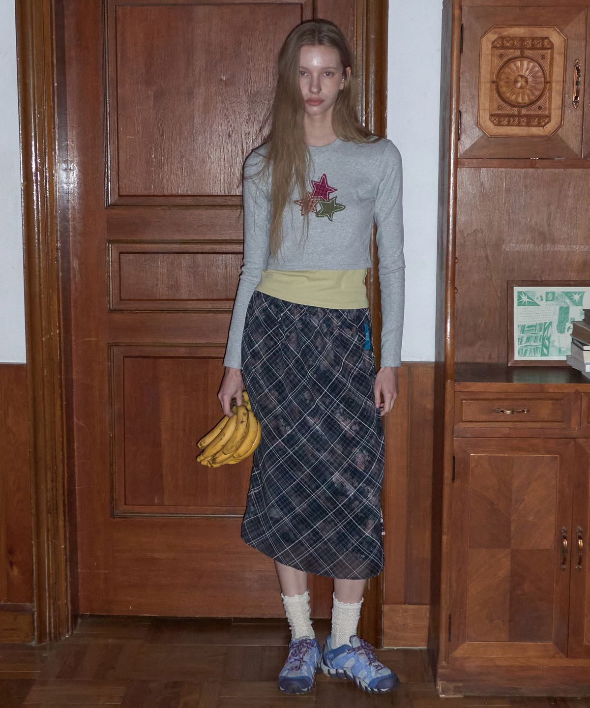 메종크렘(MAISON CREME) Floral check layered skirt_ Black Pink