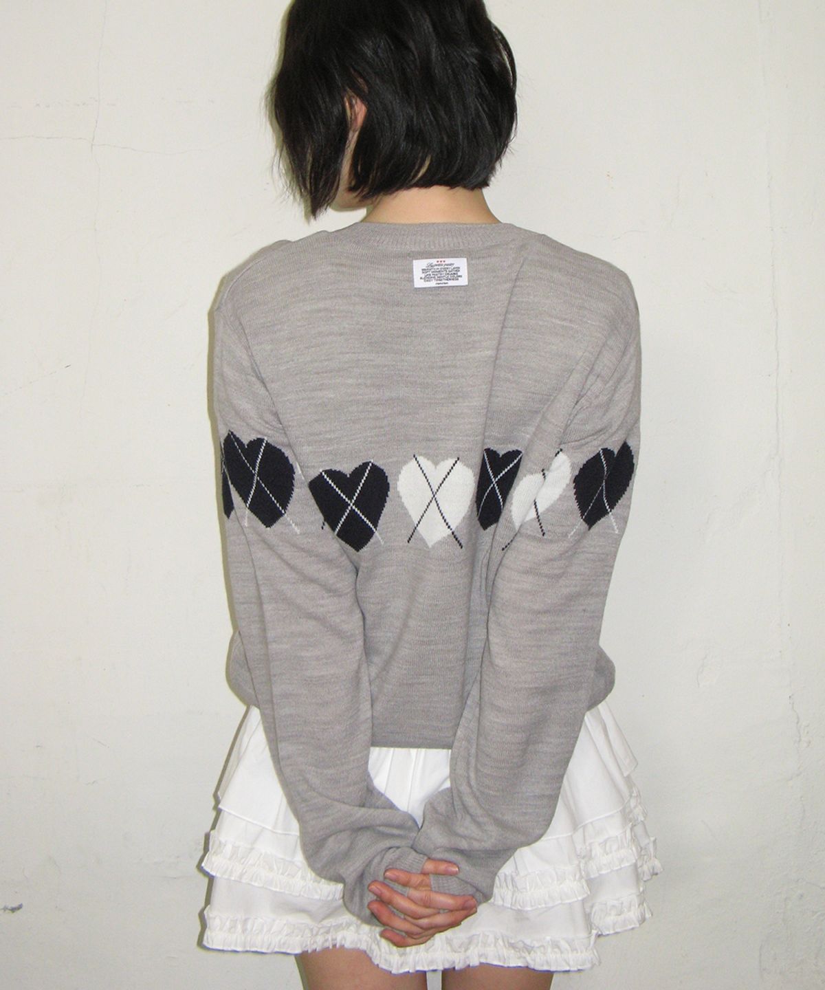 론론(RONRON) HEART ARGYLE LINE KNIT CARDIGAN GREY
