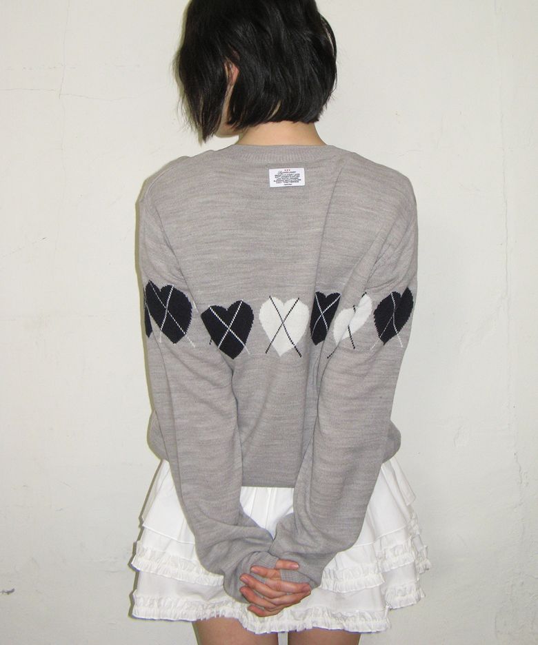 HEART ARGYLE LINE KNIT CARDIGAN GREY