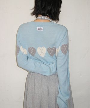 HEART ARGYLE LINE KNIT CARDIGAN SOFT BLUE