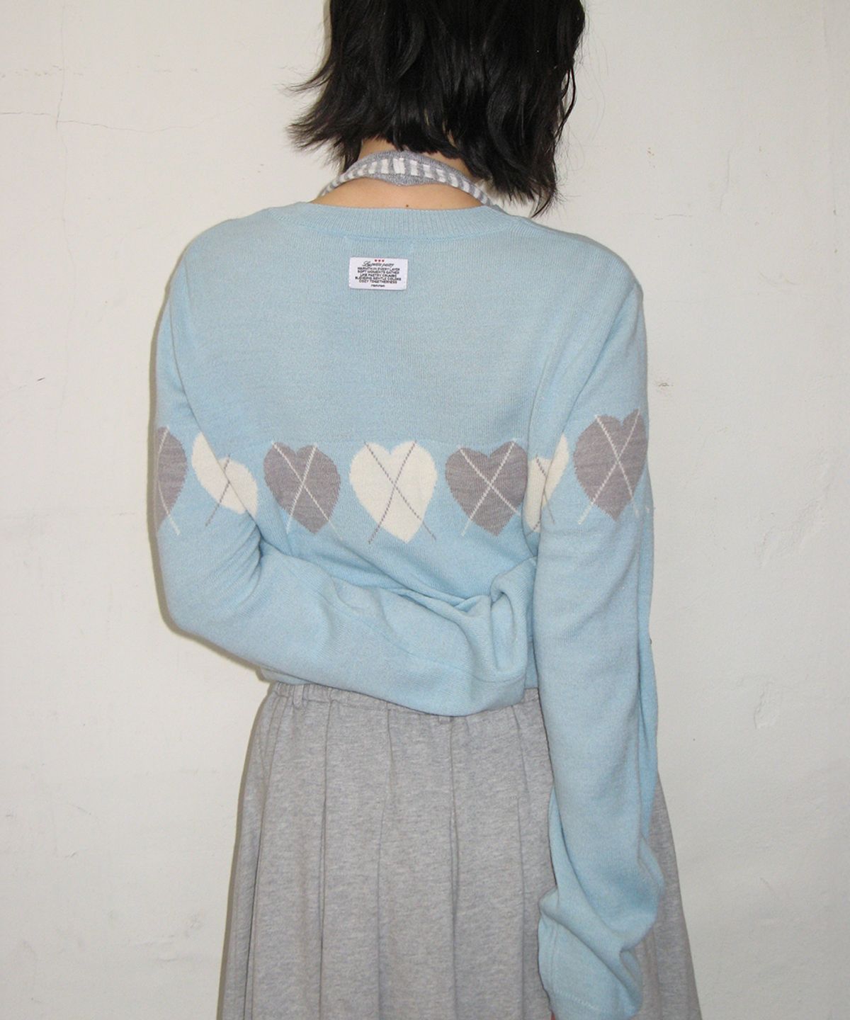 론론(RONRON) HEART ARGYLE LINE KNIT CARDIGAN SOFT BLUE