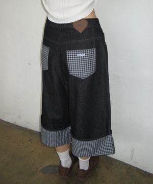 CHECK COMBI BERMUDA DENIM PANTS INDIGO BLUE