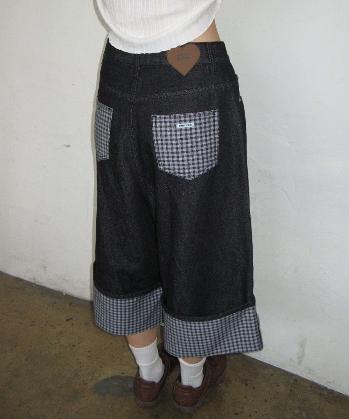 론론(RONRON) CHECK COMBI BERMUDA DENIM PANTS INDIGO BLUE