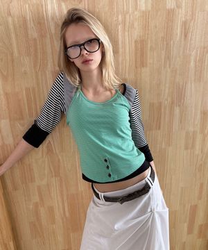 BUTTON STRIPE STRAP HALTER TOP / deep mint
