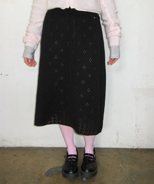 POINTELLE KNIT LONG SKIRT BLACK