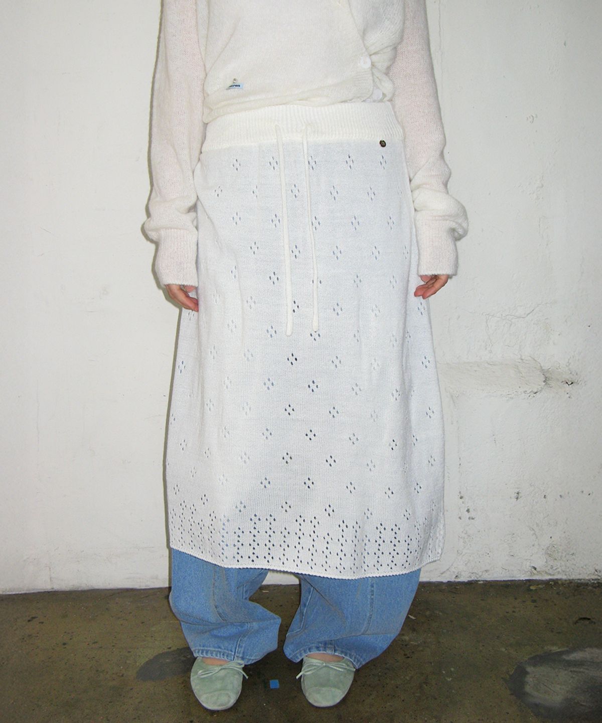론론(RONRON) POINTELLE KNIT LONG SKIRT IVORY