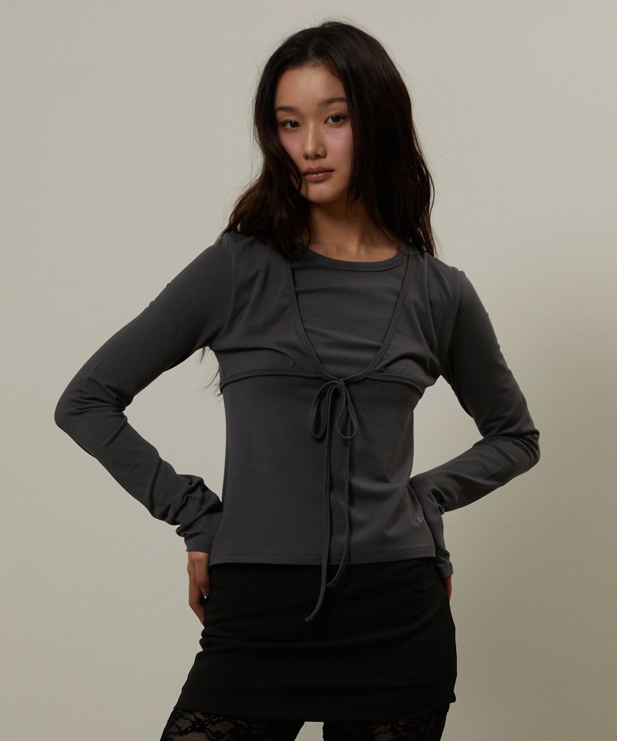 기머(GIMOR) Tie Bustier Long Sleeve Charcoal