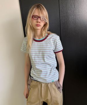 DESTROYED STRIPE ASYM RINGER T-SHIRT / white mint