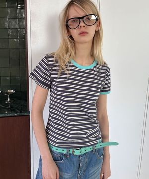 DESTROYED STRIPE ASYM RINGER T-SHIRT / charcoal blue