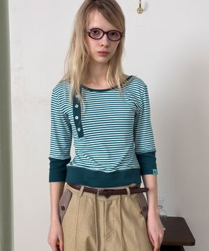 BUTTON STRIPE ASYM HENLEY T-SHIRT / blue green