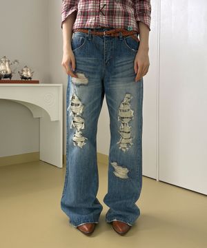 DESTROYED CHECK BOOTCUT DENIM PANTS / blue