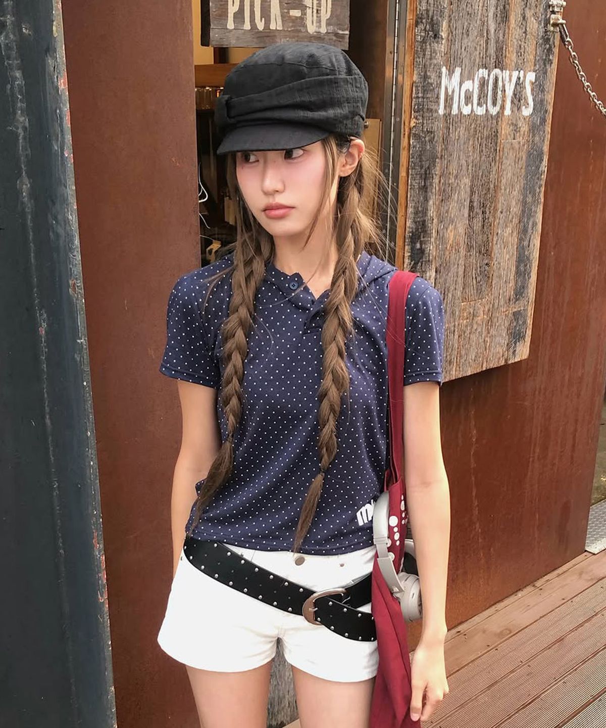미타유스(MITA YOUTH) 도트 버튼 후드 티셔츠 [NAVY DOT]