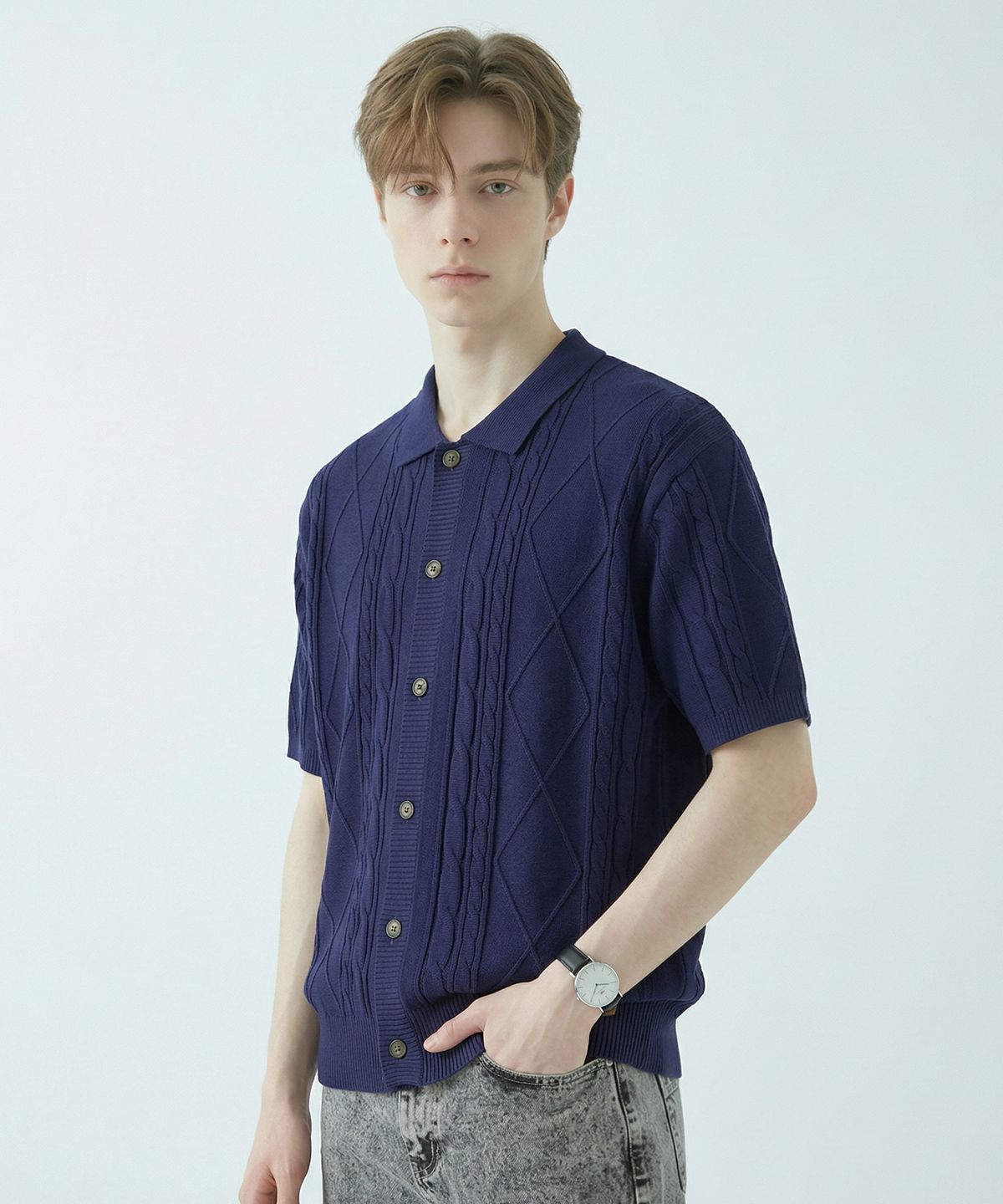 나우앤투모로우(NOWANDTOMORROW) ESSENTIAL HALF CABLE CARDIGAN [NAVY]