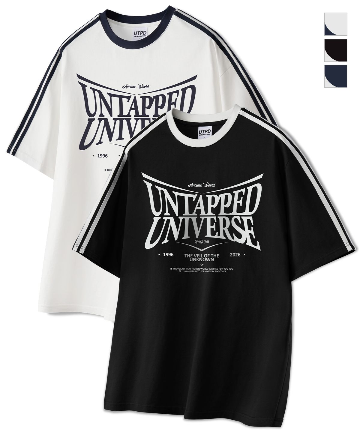 언탭트 스튜디오(UNTAPPED STUDIO) Arcane world 오버핏 트랙 반팔 배색 티셔츠 3COLOR