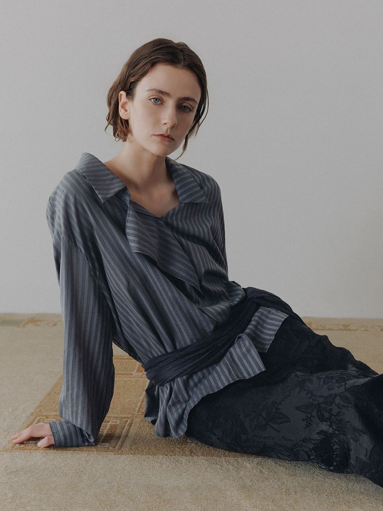 Sheer Striped Asymmetric Placket Shirt SW6AB702_2color