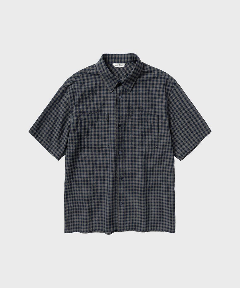 깅엄 체크 크롭 HS 셔츠_KHAKI BLUE