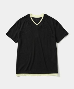 레이어드 브이넥 하프 티셔츠 블랙/라임