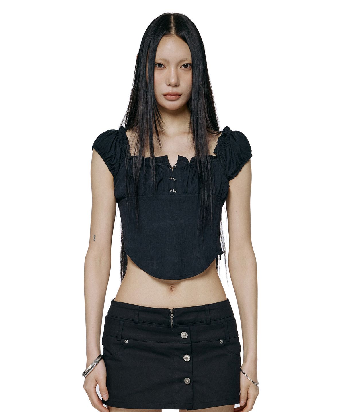 락케이크(ROCKCAKE) Curve Line Corset Blouse - Black