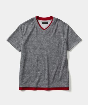레이어드 브이넥 하프 티셔츠 그레이/레드