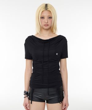 Shirring Hoodie Top - Black