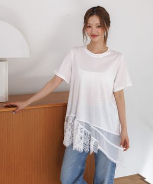 시어 레이스 언밸런스 레이어드 반팔 티셔츠
