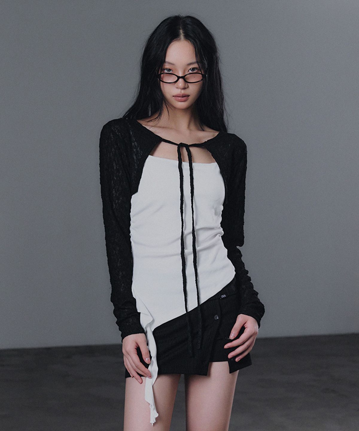 그로우하이드(GROWHIDE) 네트 레이스 스트랩 볼레로 가디건_블랙