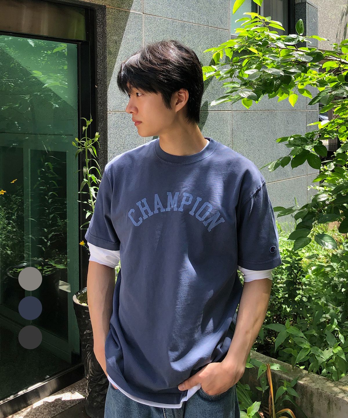 챔피온(CHAMPION) 아치 로고 가먼트다잉 티셔츠 3color