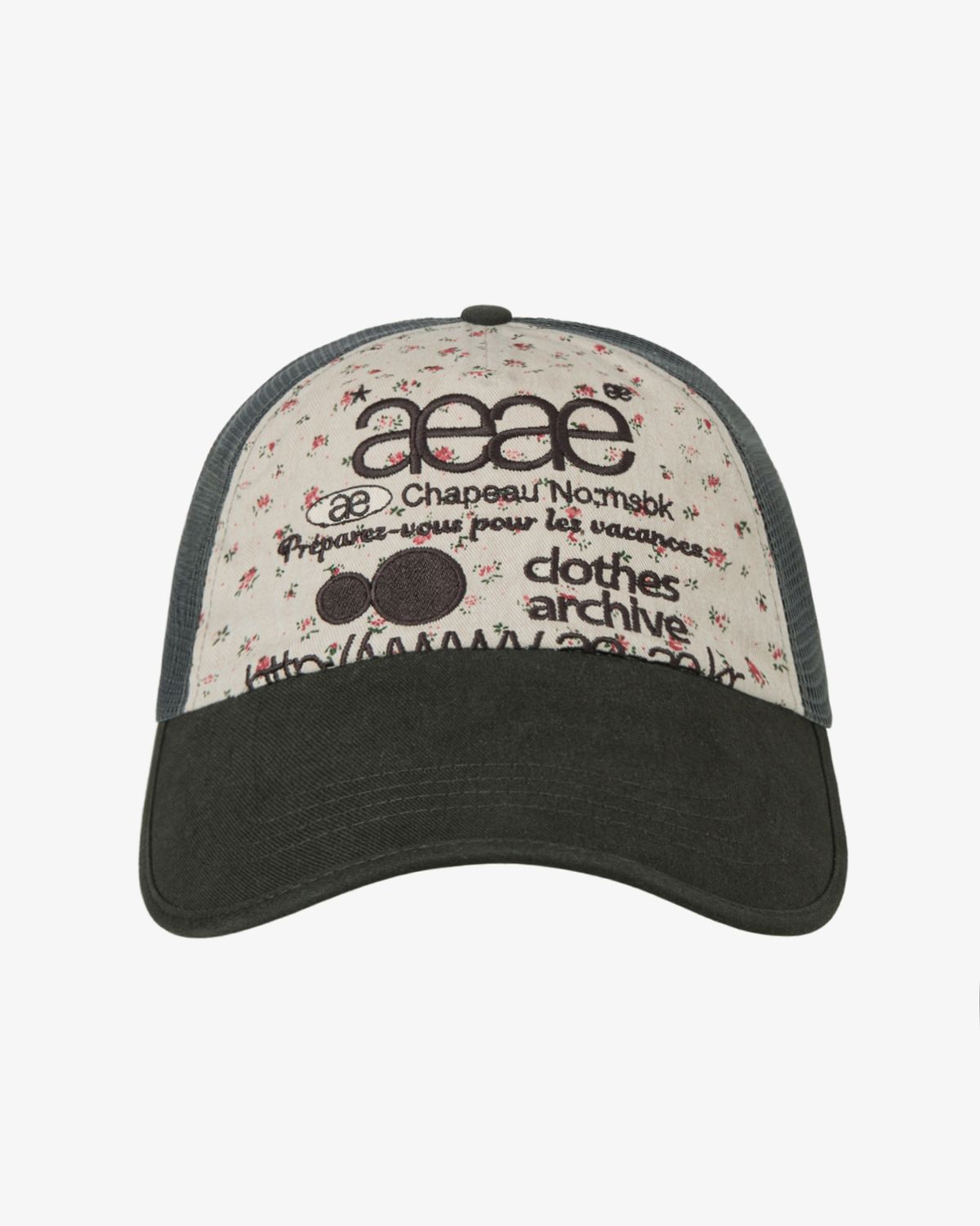 에이이에이이(AEAE) WEB LOGO FLOWER MESH CAP [BEIGE/DARK GREEN]