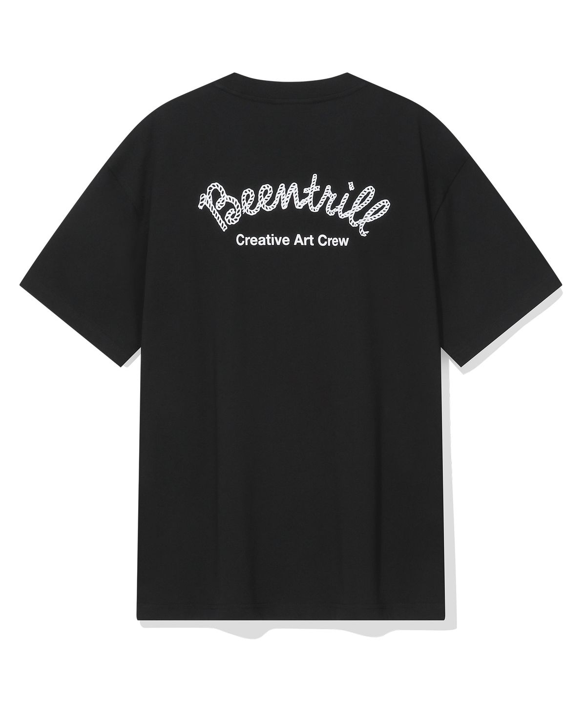 빈트릴(BEENTRILL) 커시브 로고 백 타이포 그래픽 오버핏 반팔티(블랙)