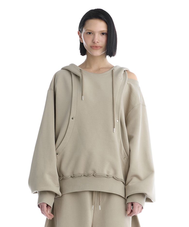 TMB One-Shoulder Raw Cut Set-Up Hoodie [ Beige ]