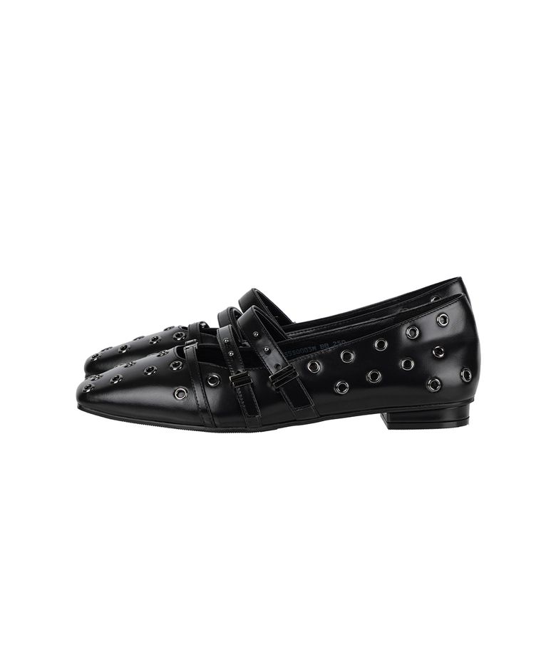 Triple-Strap Eyelet Flats [ Black ]
