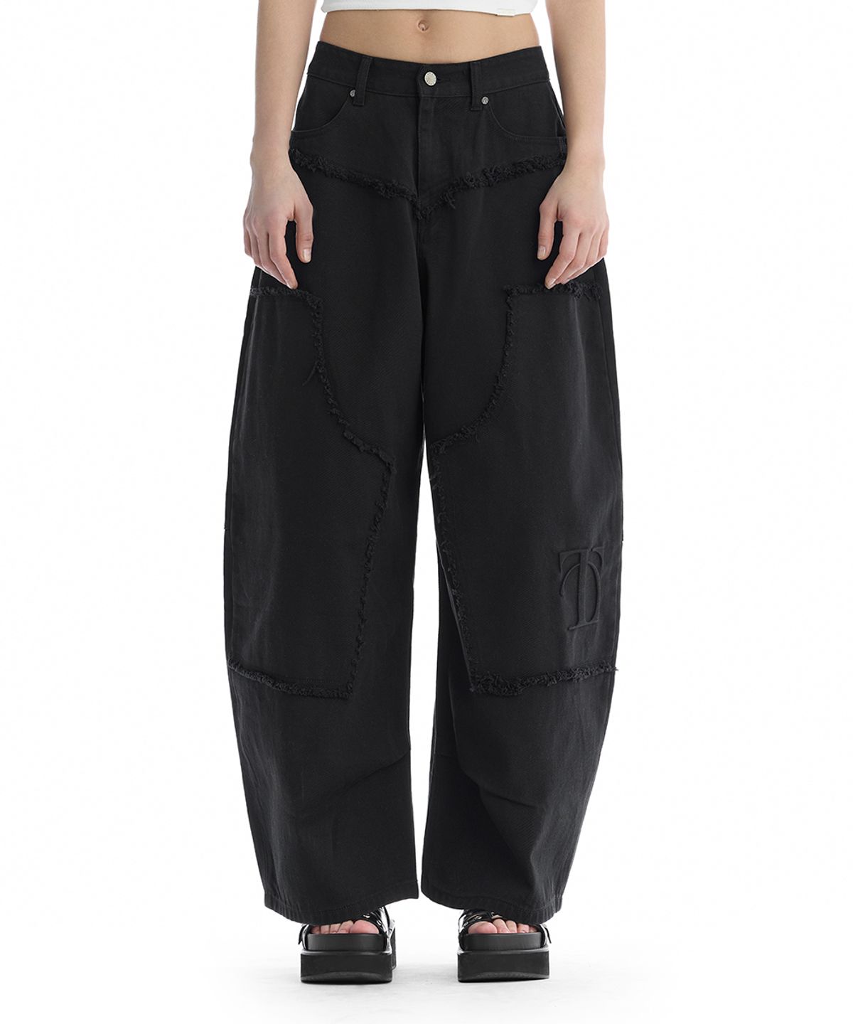 트리밍버드(TREEMINGBIRD) Double-Knee Balloon-Fit Denim Pants [ Black ]
