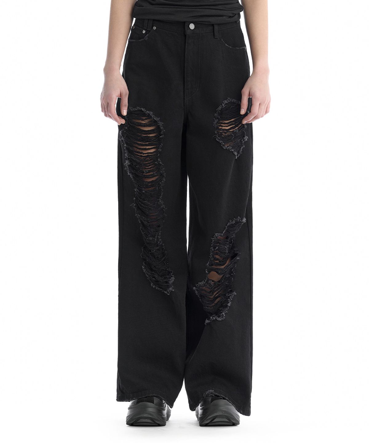 트리밍버드(TREEMINGBIRD) Scratch Damage Cotton Twill Pants [ Black ]