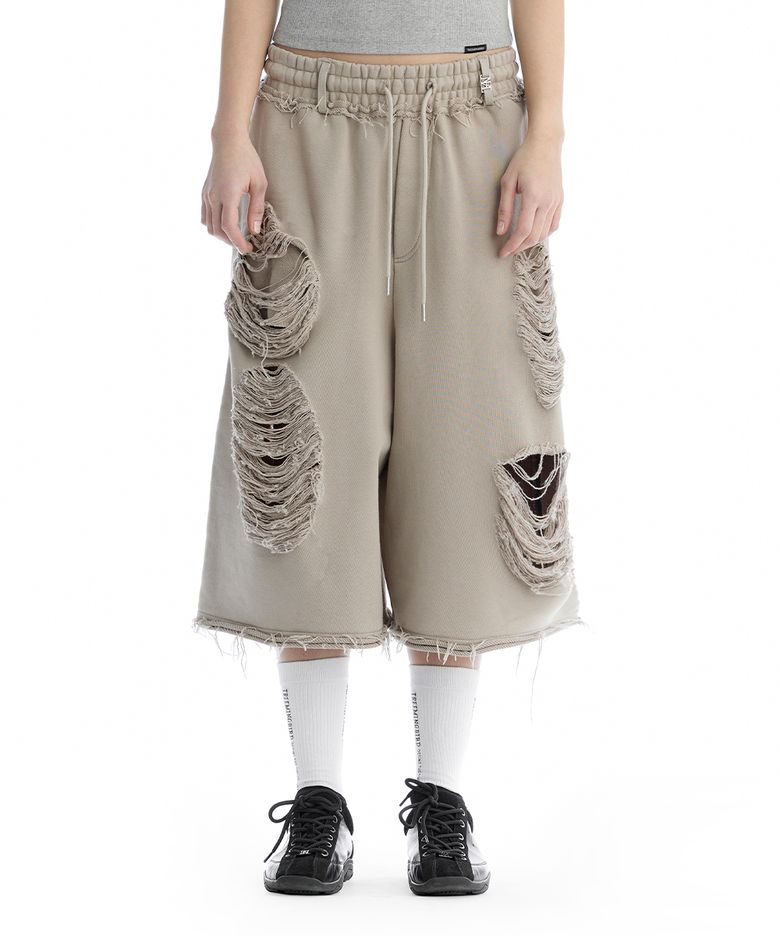 Scratch Damage Bermuda Sweat Pants [ Beige ]