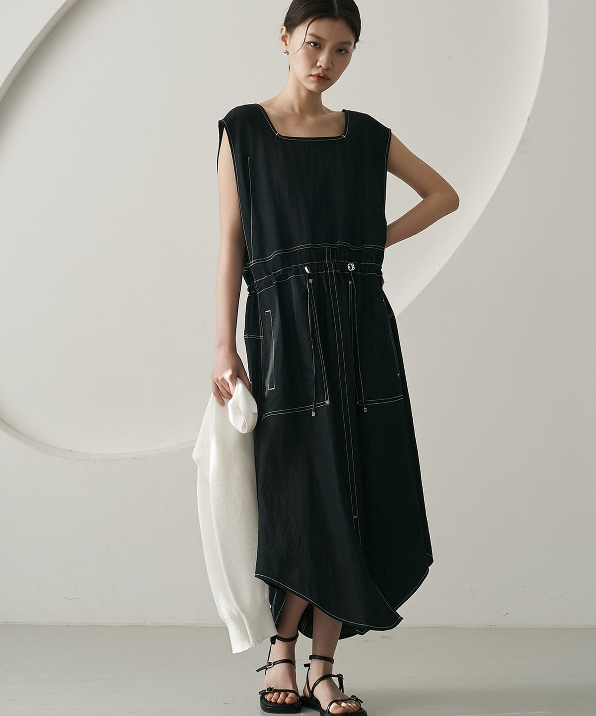 디자인오월(DESIGNOWOL) 데님 스트링 롱 원피스_ 스티치 블랙