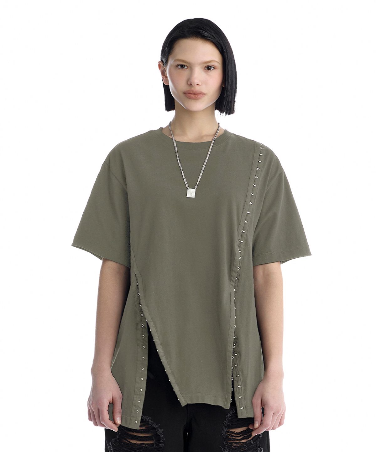 트리밍버드(TREEMINGBIRD) Hook and Eye Boxy T-Shirts [ Khaki ]