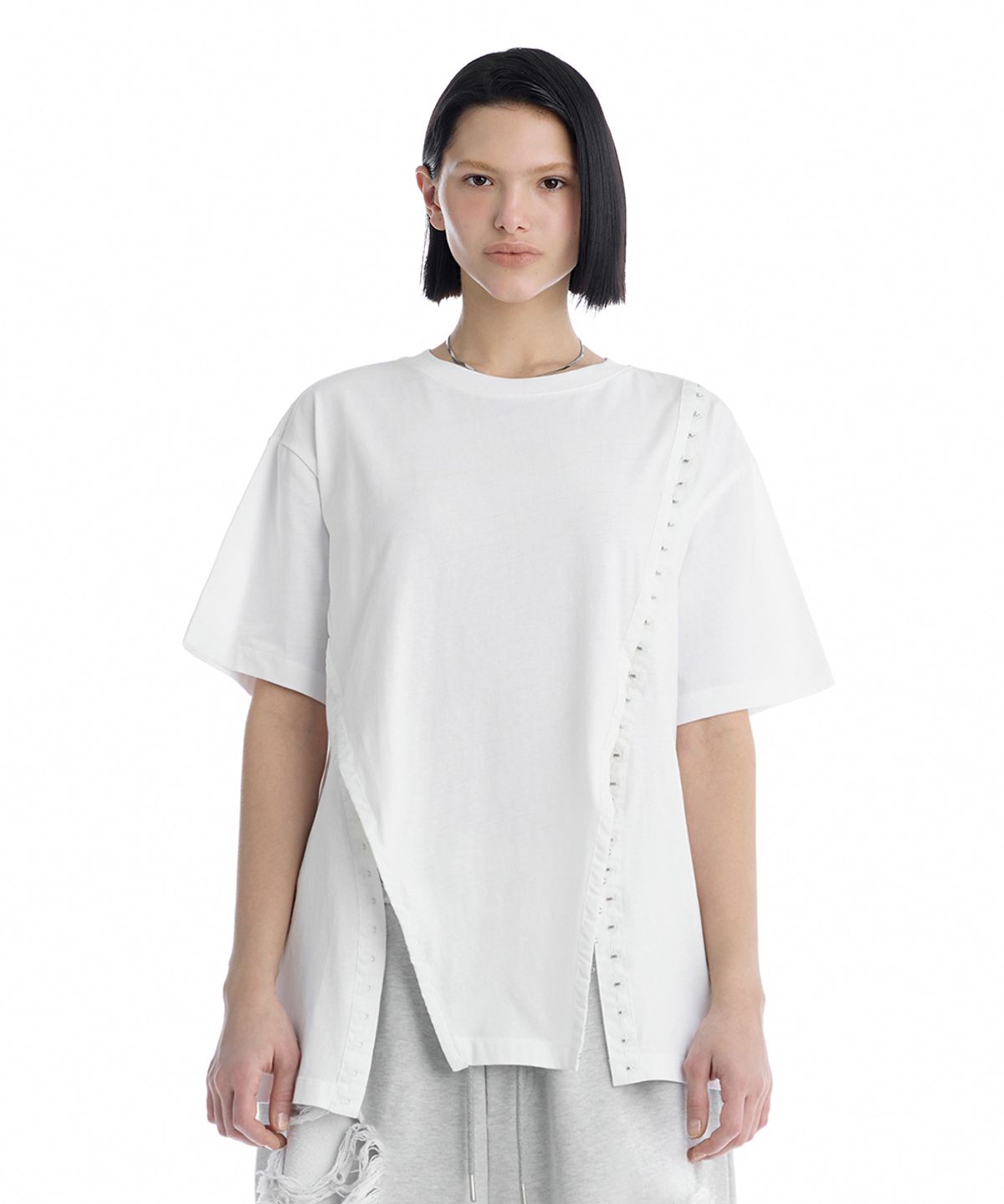 트리밍버드(TREEMINGBIRD) Hook and Eye Boxy T-Shirts [ White ]