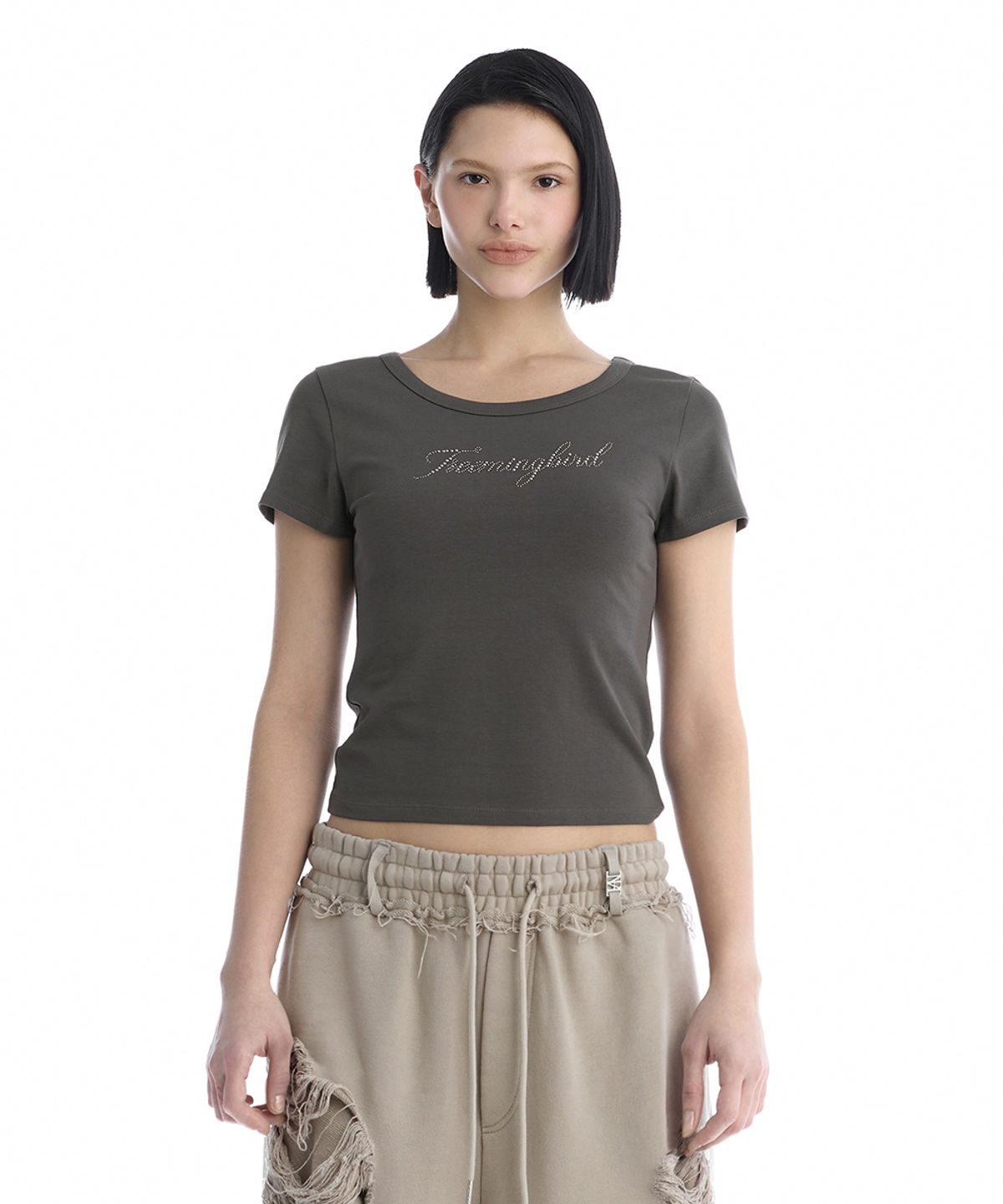 트리밍버드(TREEMINGBIRD) Metallic Hot-Fix Logo Slim T-Shirt [ Charcoal ]