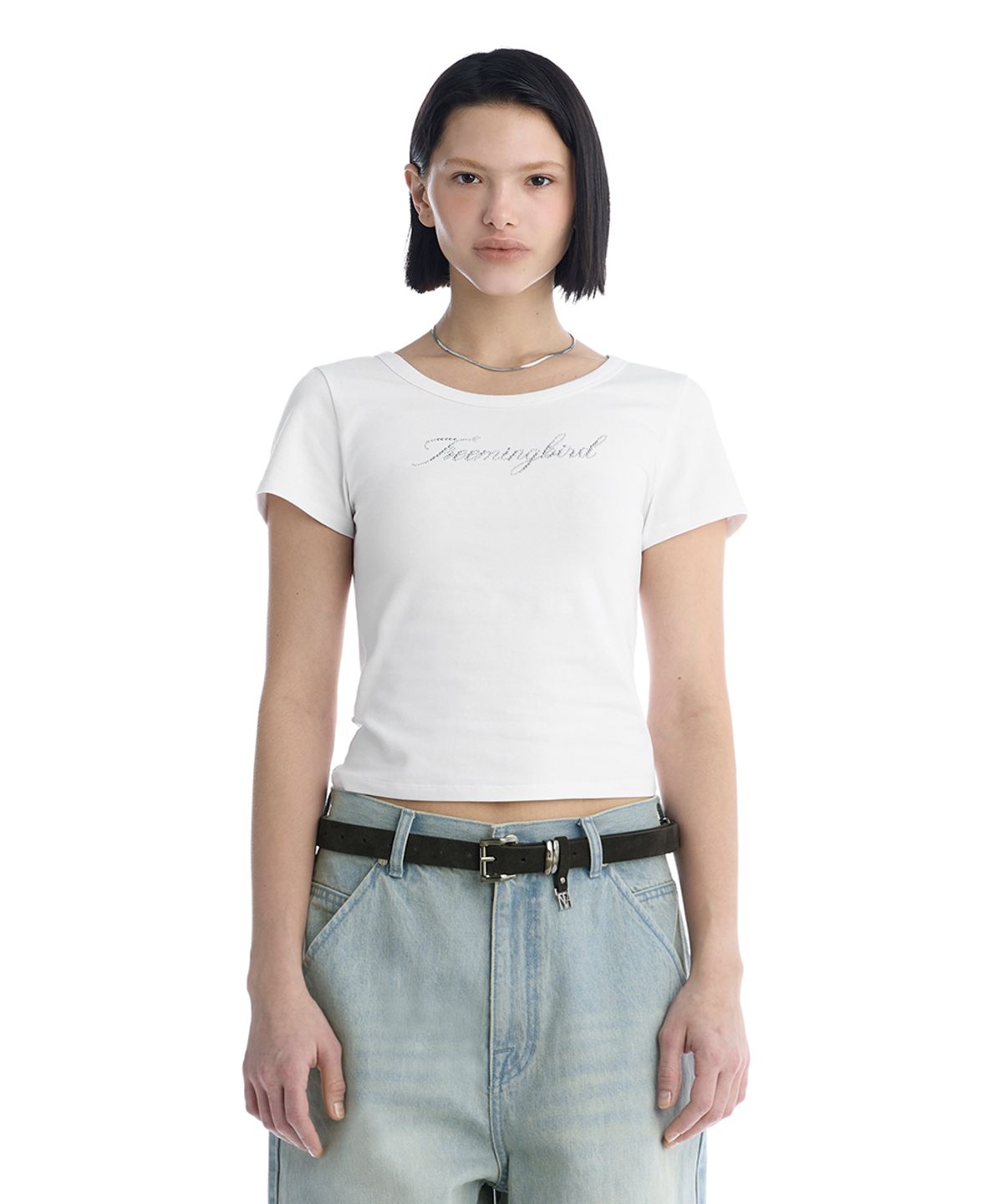 트리밍버드(TREEMINGBIRD) Metallic Hot-Fix Logo Slim T-Shirt [ White ]
