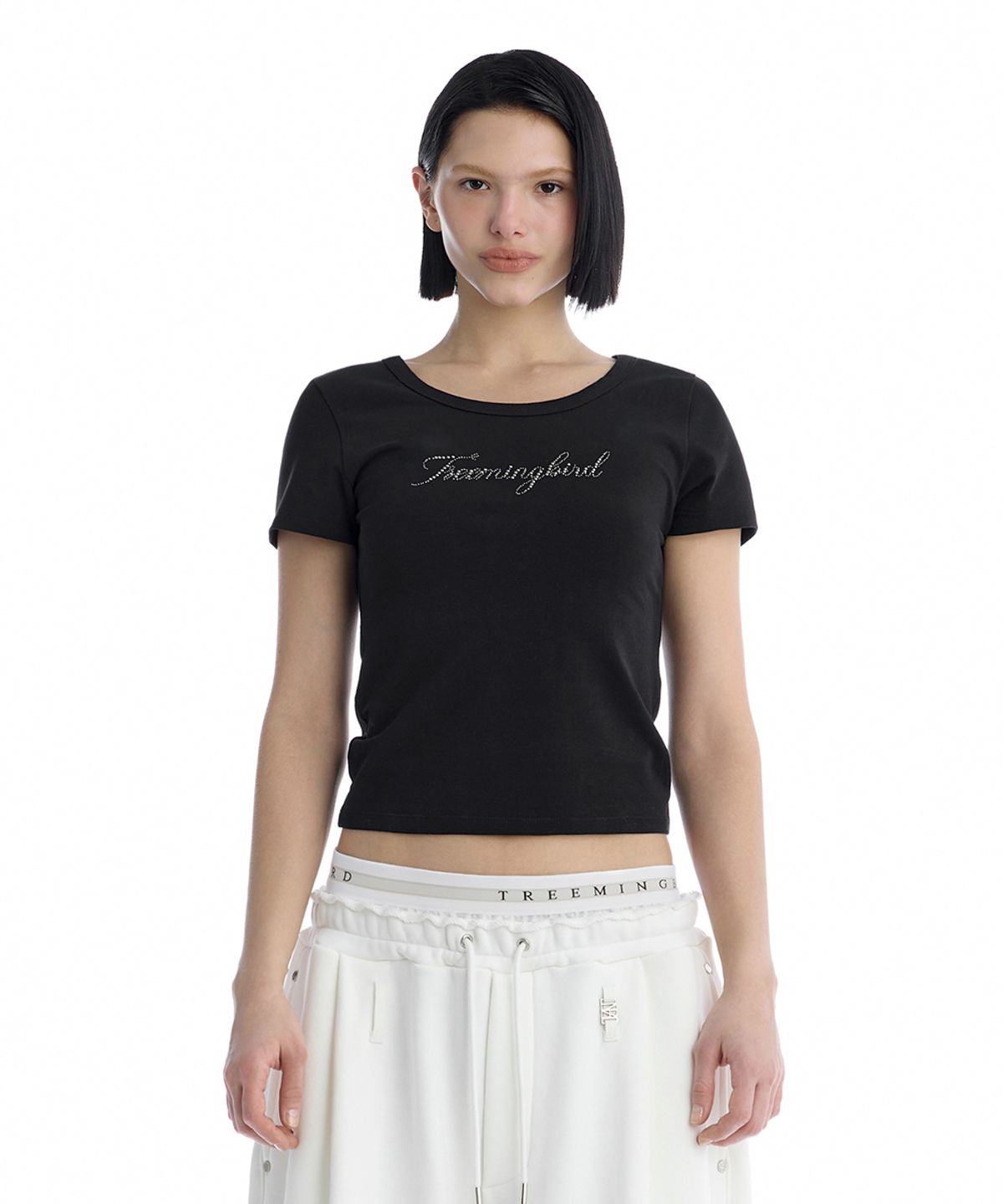 트리밍버드(TREEMINGBIRD) Metallic Hot-Fix Logo Slim T-Shirt [ Black ]