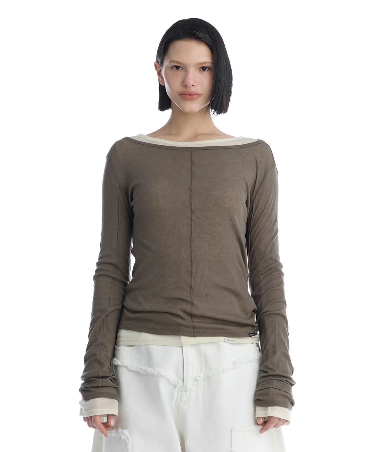 트리밍버드(TREEMINGBIRD) Essential Pintuck Long-Sleeve T-Shirts [ Brown ]
