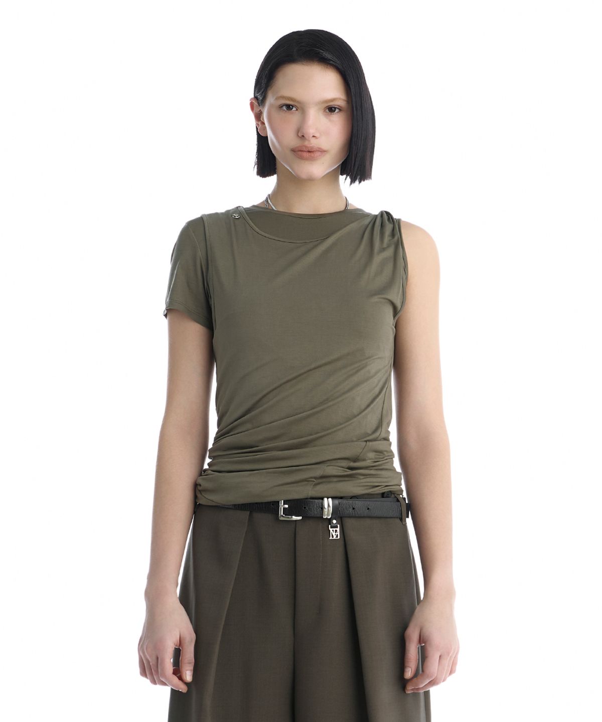 트리밍버드(TREEMINGBIRD) Double-Layer Asymmetric Shoulder T-Shirt [ Khaki ]