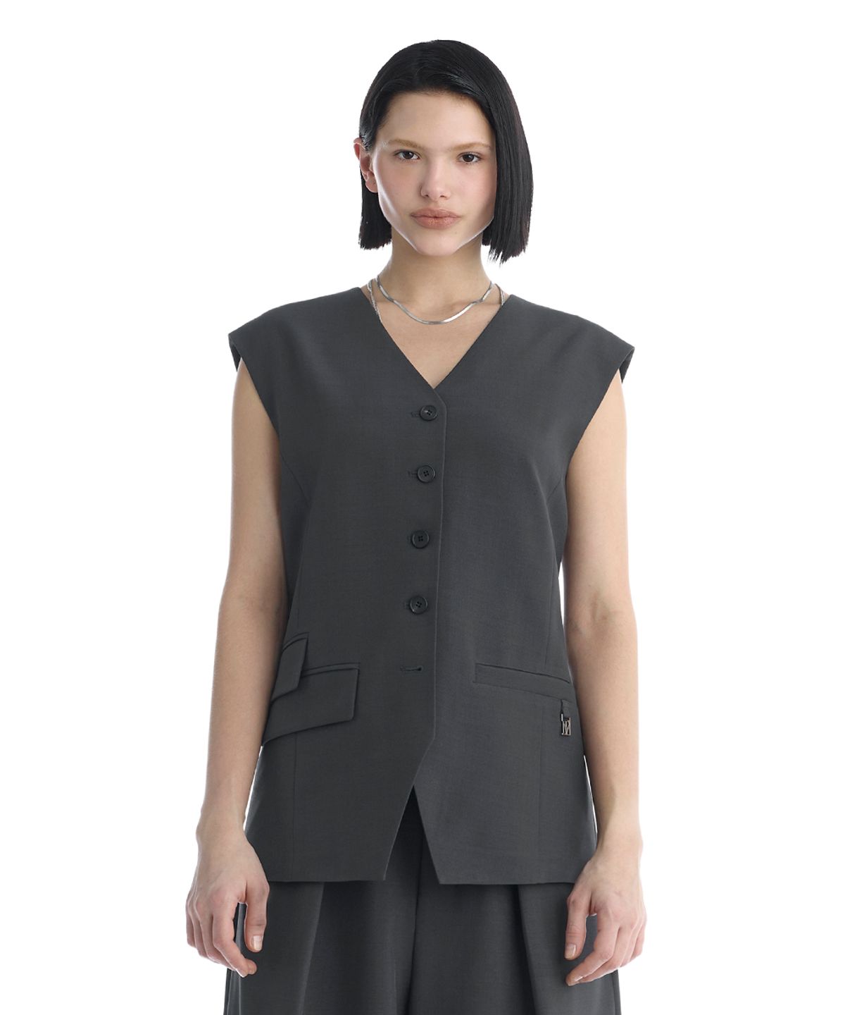 트리밍버드(TREEMINGBIRD) Minimal Button-Detail Set-Up Vest [ Charcoal ]
