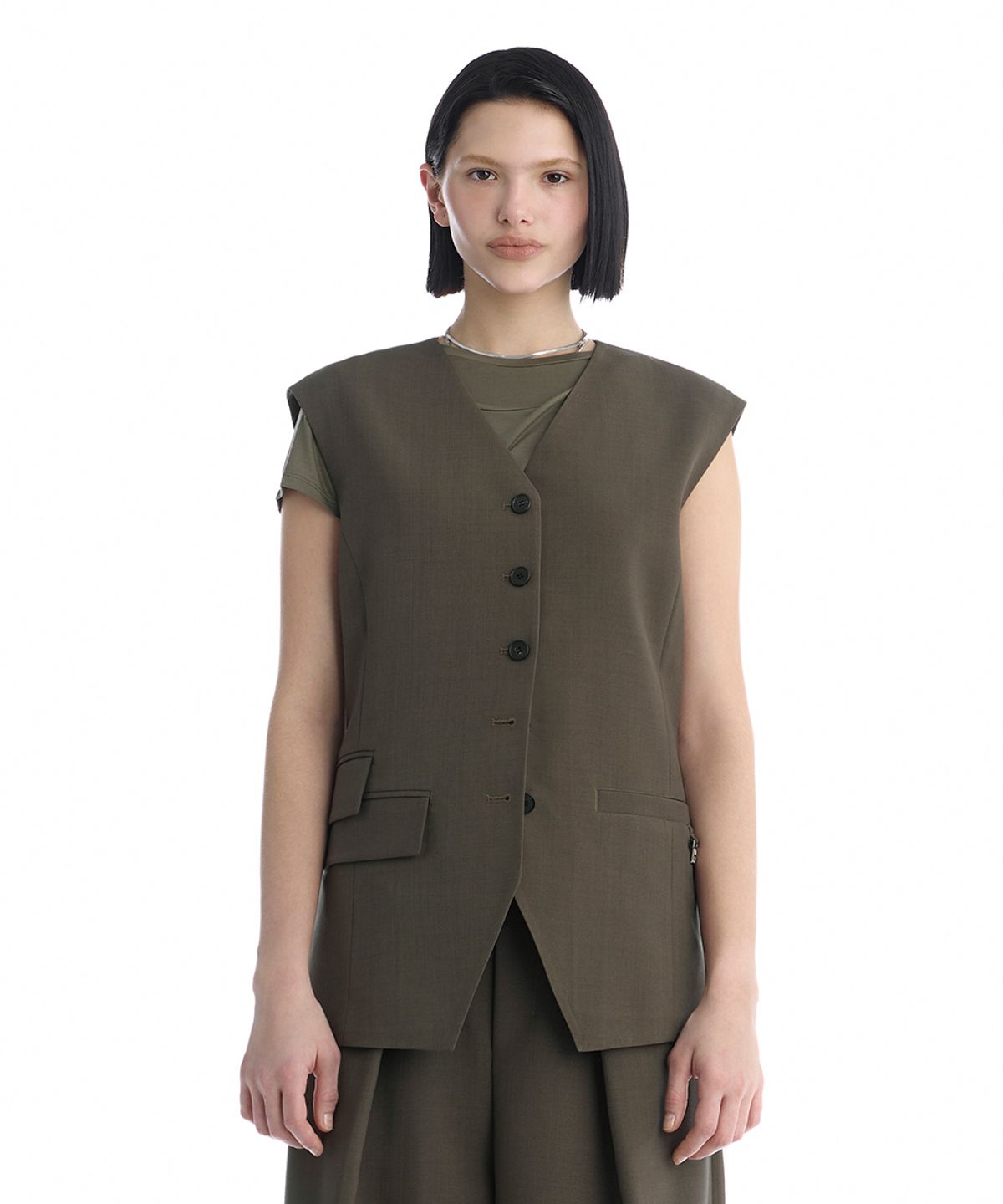 트리밍버드(TREEMINGBIRD) Minimal Button-Detail Set-Up Vest [ Khaki ]