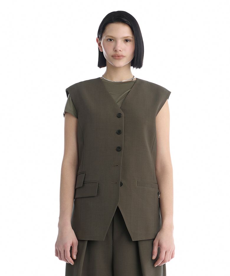 Minimal Button-Detail Set-Up Vest [ Khaki ]